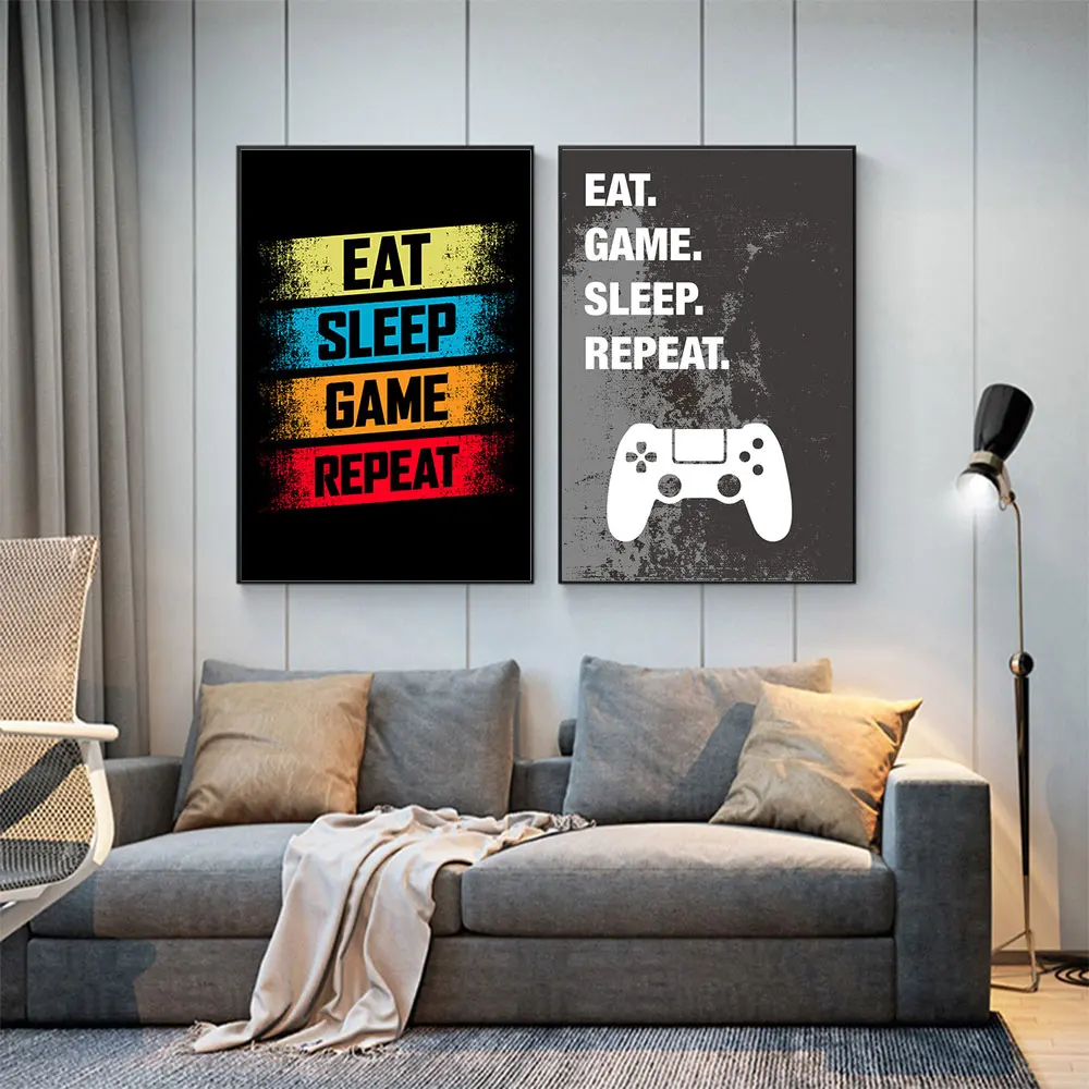 

Eat Sleep Game Repeat Gaming Wall Art Poster Gamer Canvas Painting Poster and Prints for Boys Room Decorative Picture Playroom