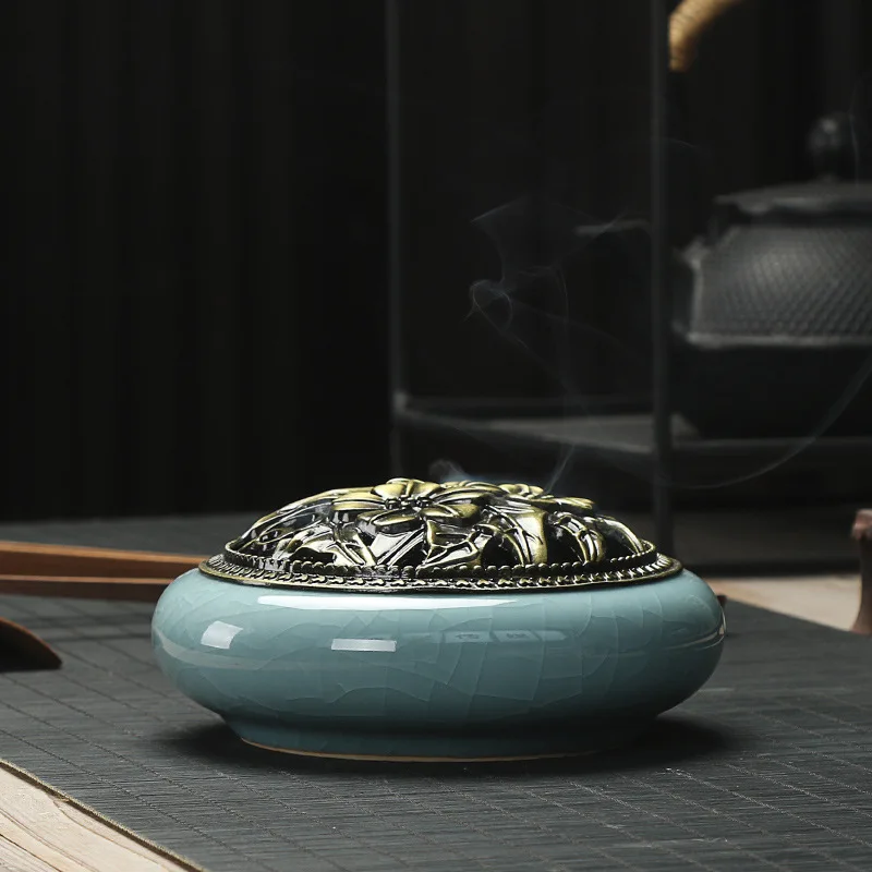 Blue Ароматическая горелка Celadon, керамический сплав, медное покрытие, печь для ароматерапии, чайная церемония, ароматерапия, аксессуар для комнаты для медитации - Цвет: Blue