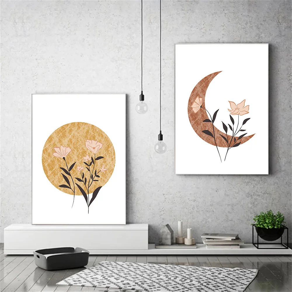 

Abstract Sun Moon Wall Art Poster Leaf Plant Plant Art Print Nordic Canvas Painting Modern Wall Pictures Living Room Home Decor