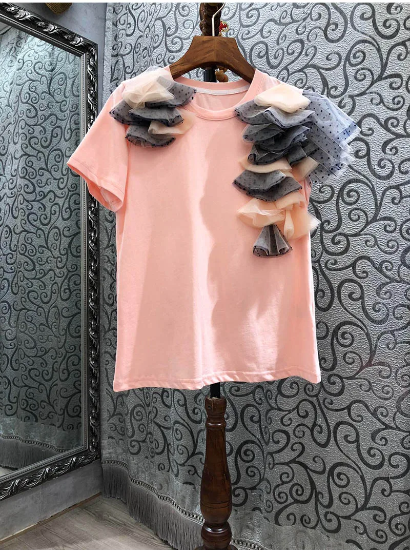 

High Quality Women's New Style Stitching Overlapping Polka Dot Mesh Short Sleeve Top