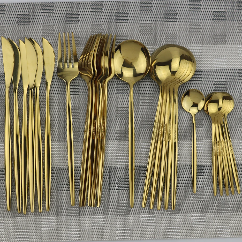 

24Pcs White Gold Dinnerware Set 18/10 Stainless Steel Knife Fork Spoon Cutlery Set Kitchen Tableware Set Flatware Set Hot Sale