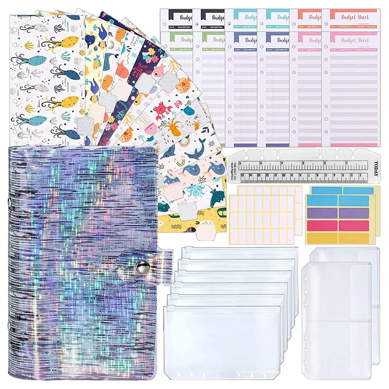 

A6 PVC Binder Cover, Budget Sheets,Storage Card Bags,Blank Stickers for 6-Ring Cash Envelopes,Daily Money Planner