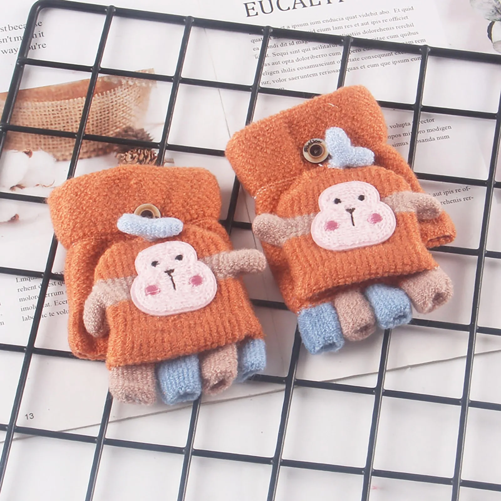 

Knitted Children's Gloves Warm Wool Half Finger Flap In Autumn And Winter Cartoons Kids Gloves Child Full Finger Boys Girls