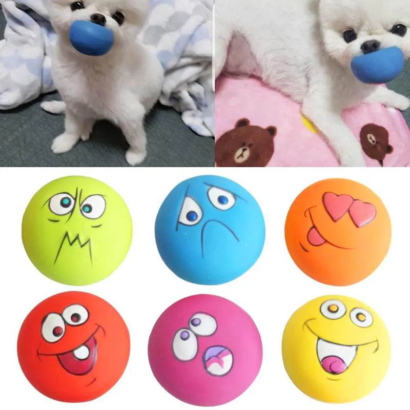 

Rubber Dog Puppy Pet Play Squeaky Ball Chewing Toys with Face Fetch Bright Balls ANDF889