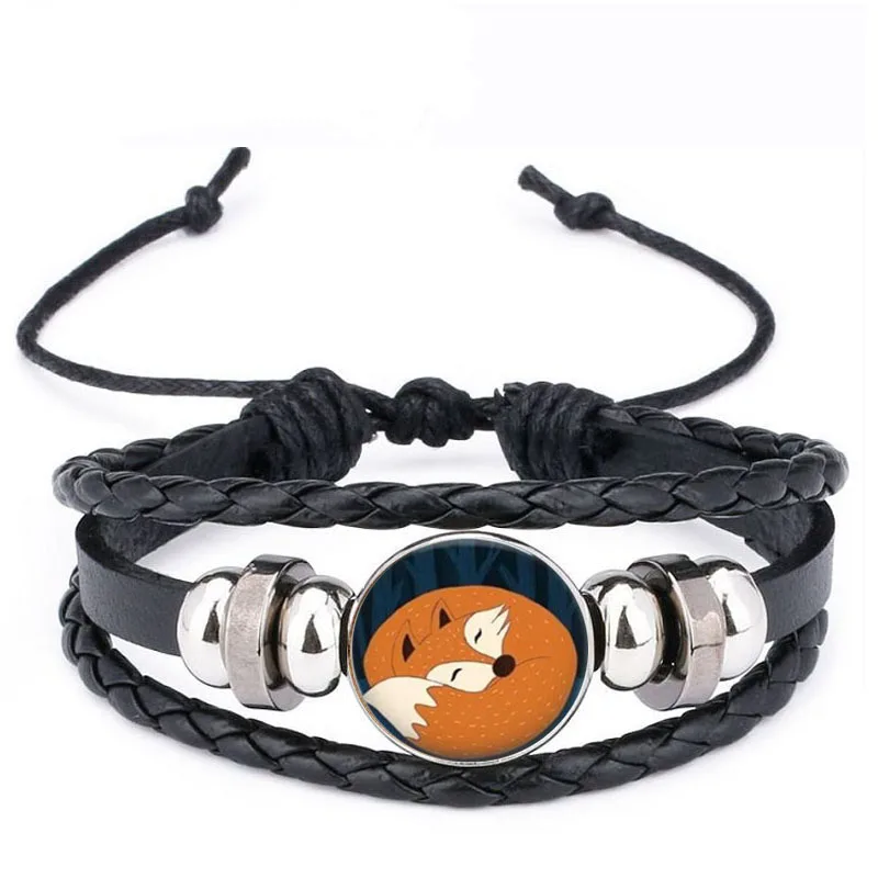 Qiyufang Vintage Bracelets black Color Leather Jewelry for Women Accessories Fox Picture Glass Cabochon Stud Animal bracelets | Украшения и