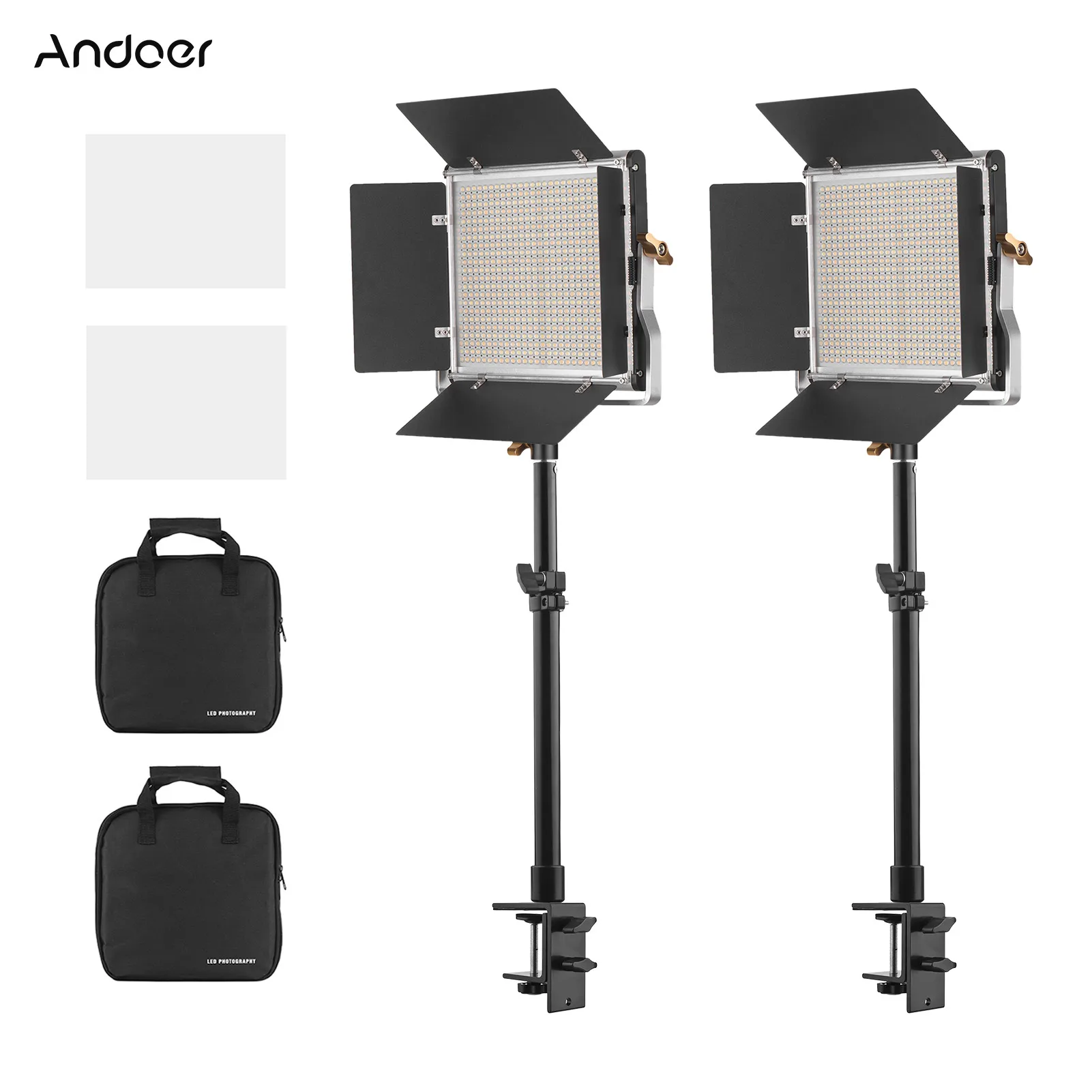 

Andoer Desktop LED Video Light Kit Including Bi-color Fill Light 3200K-5600K 480pcs LED Beads with Barndoor + Metal Desk Mount