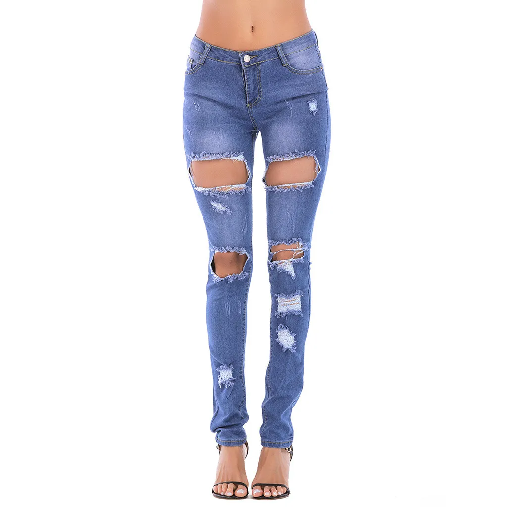 Женские потертые джинсы SAGACE Синие рваные зауженные брюки со средней талией