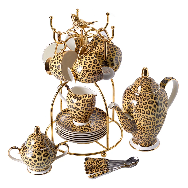 

European Classic Leopard Bone China Coffee Cup Set Luxury Phnom Penh Afternoon Tea Set Ceramic Mug Sugar Bowl Teapot Coffeeware