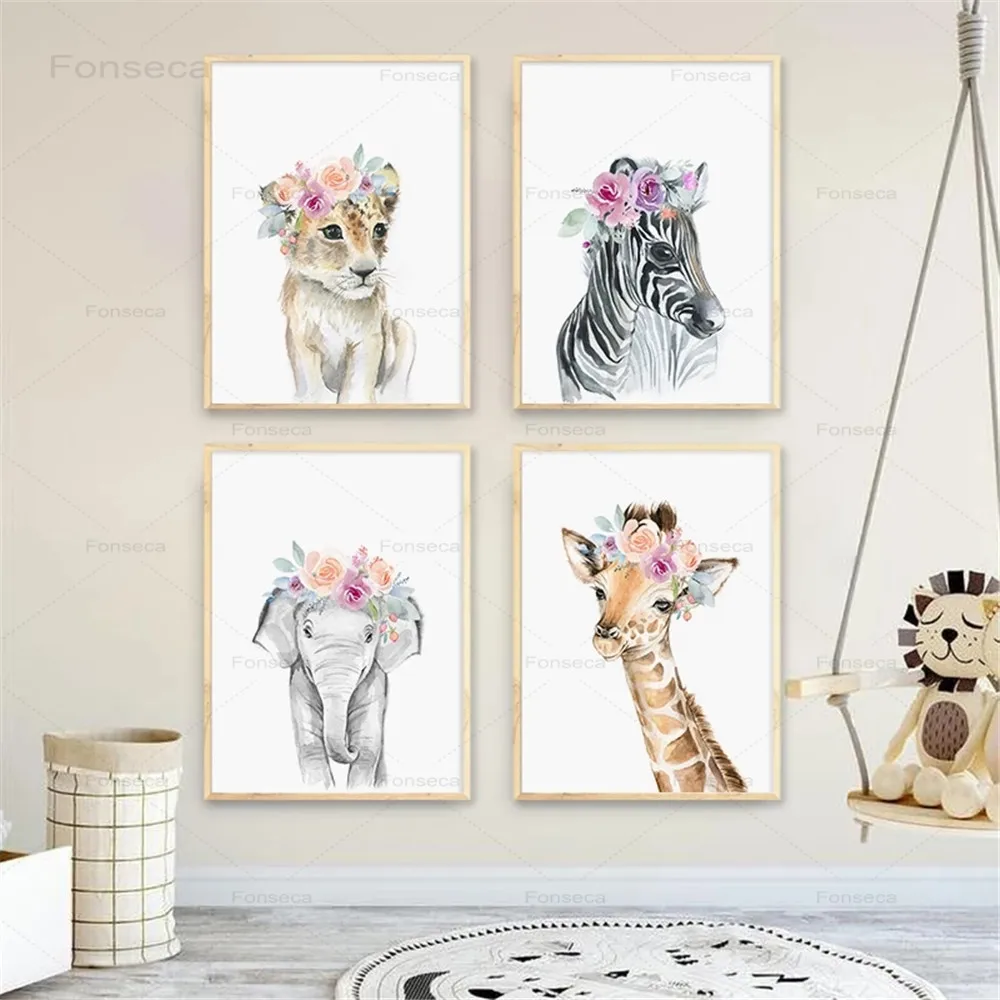 

Flower Animal Canvas Poster Lion Zebra Elephant Giraffe Nursery Wall Art Print Painting Wall Pictures Kids Baby Bedroom Decor