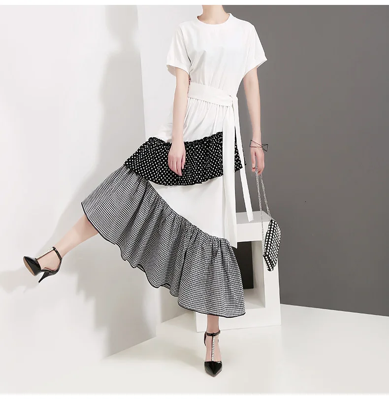 [EAM] New Spring Summer Round Neck Short Sleeve Hem Dot Irregular Plaid Printed Loose Dress Women Fashion Tide JT0880
