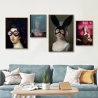 Картина на холсте с забавными кроличьими ушками и очками для женщин, современный абстрактный шлем инопланетянина, домашнее украшение, настенное искусство, постер для гостиной