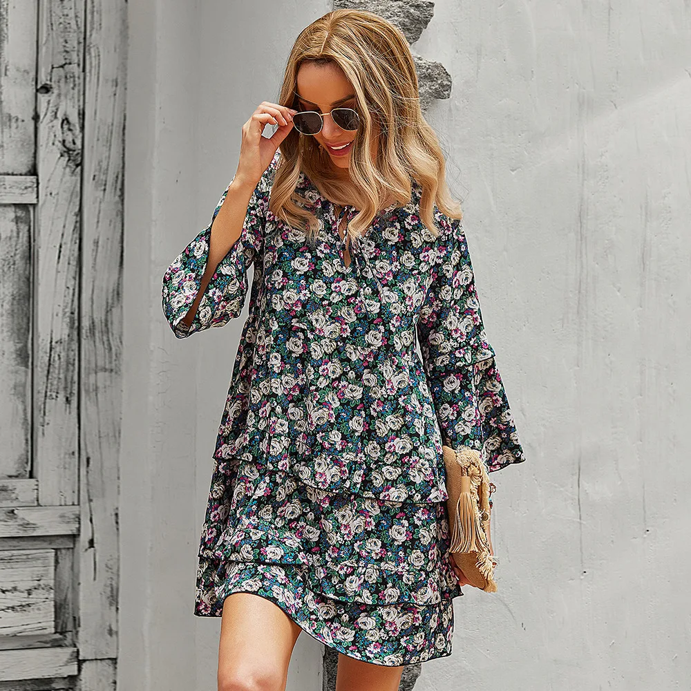 

2021 New Cascading Ruffle Floral Dress Women Casual Flare Sleeve Lace V Neck Autumn Wintter Print Short Dresses Female Casual