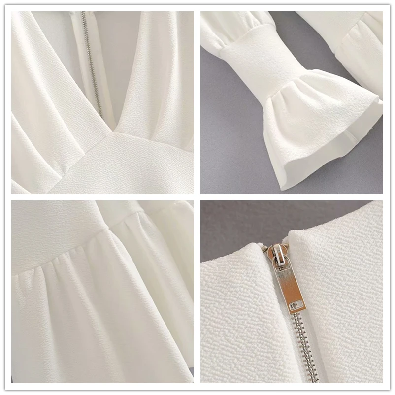 For Insider V neck vintage ruffle white dress Women flare sleeve slim bodycon elegant Party club autumn winter sexy | Женская одежда