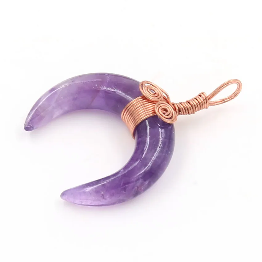 FYSL Rose Gold Color Wire Wrap Crescent Moon Amethysts Stone Pendant Clear Quartz Ethnic Style Jewelry