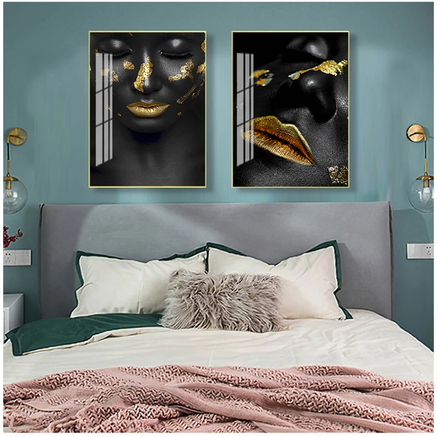 Красивая Золотая черная леди Картина на холсте модный постер печать для гостиной