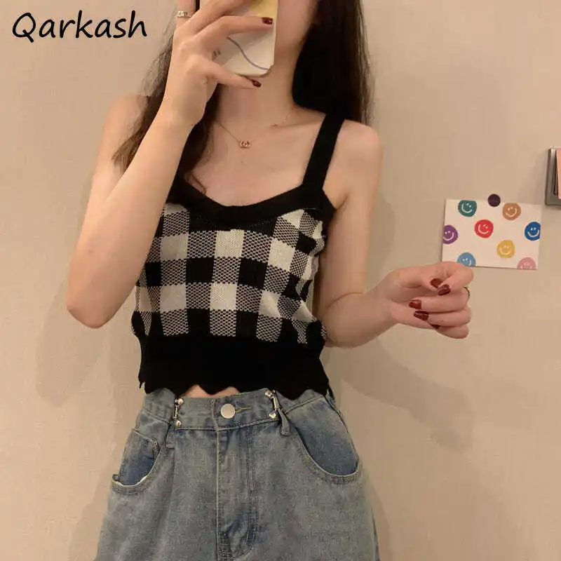 

Майка женская в стиле ретро, пикантная тонкая в клетку, эластичная Базовая Универсальная Клубная одежда в стиле Харадзюку, на лето