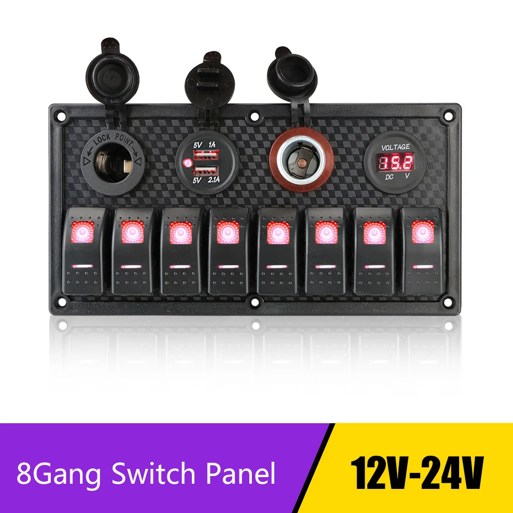 

12V/24V 8 Gang Switch Panel Digital Voltmeter Waterproof Dual USB Cigarette Lighter Socket Car Marine RV Circuit LED Breaker