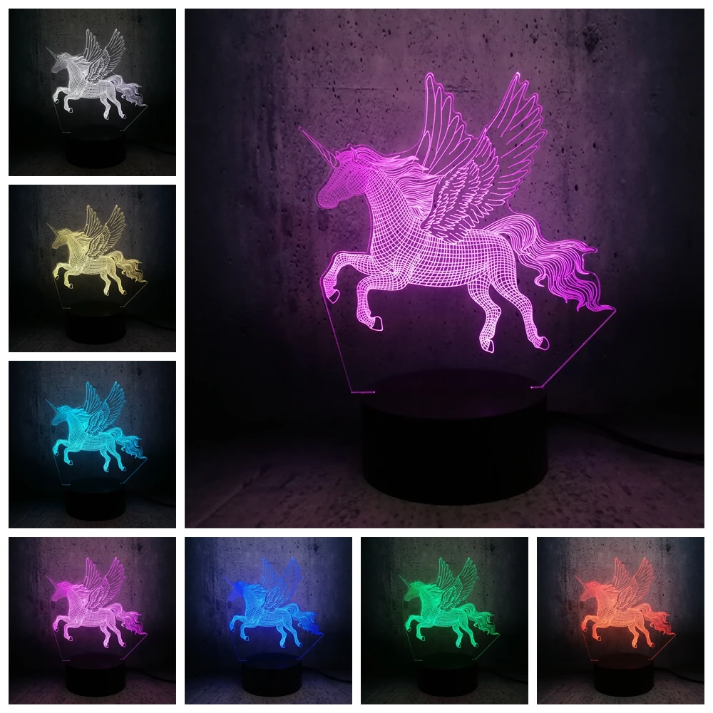 3D светодиодный светильник ночник с крылатым единорогом RGB лампа вечерние