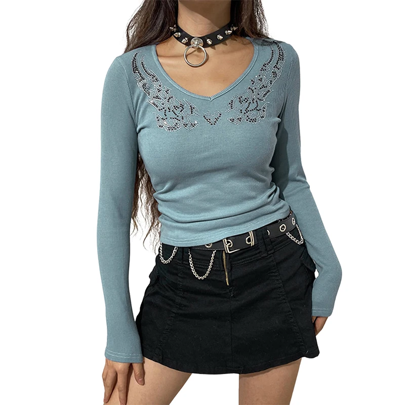 

Women Slim-fit Crop Tops Polyester Autumn Casual Adults Vintage Rhinestone Long Sleeve Round Neck T-shirts