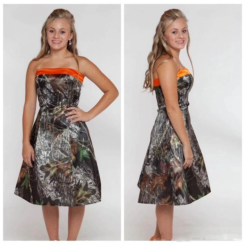 Без бретелек кантри короткие камуфляжные Платья для подружек невесты оранжевые