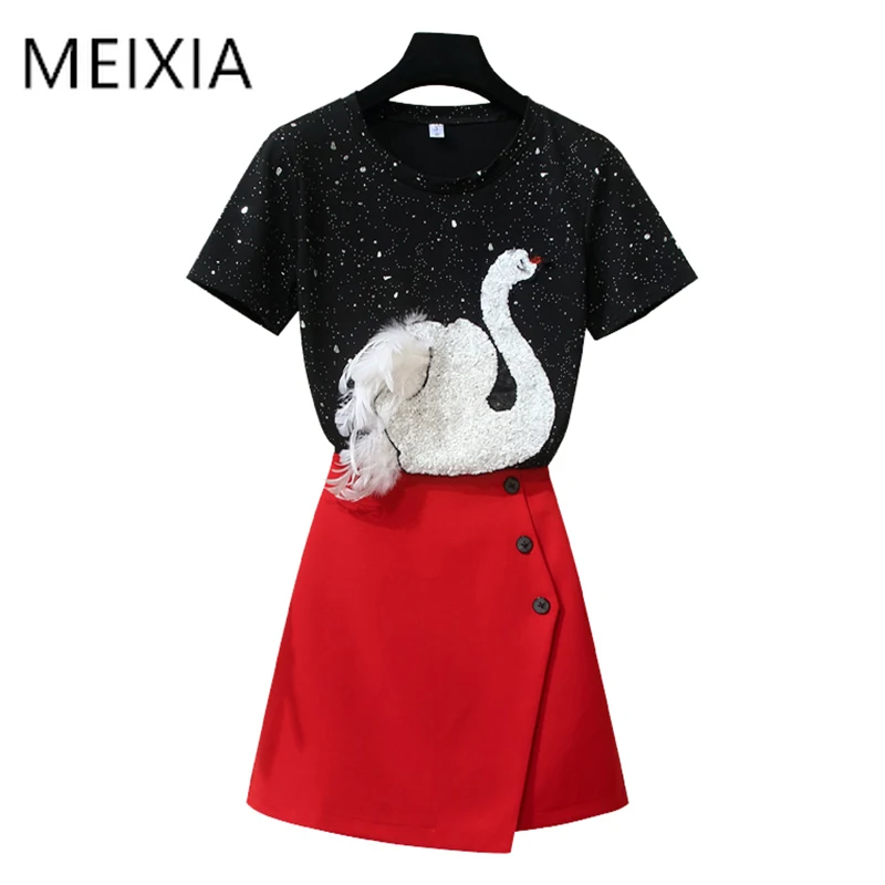 

MEIXIA Summer Autumn Women top two piece set Casual tops + skirt Fashion Female Office Polyester Suit Set O-Neck 2 Piece Set