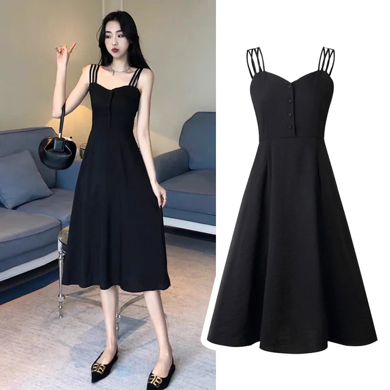 

2021 summer new black suspender skirt temperament sexy waist open shoulder slim long Hepburn dress women