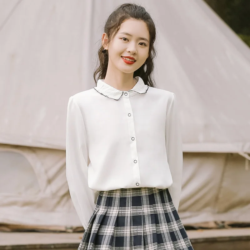 

Chic Khaki Spring and Autumn 2020 New Fairy Ruffled White Shirt Women's Long Sleeve Bottoming Wooden Ear Chiffon Top Fashion