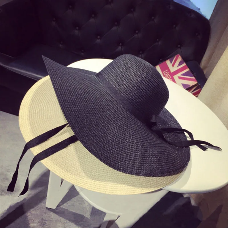 Популярная женская летняя пляжная соломенная шляпа с широкими полями (черный) |