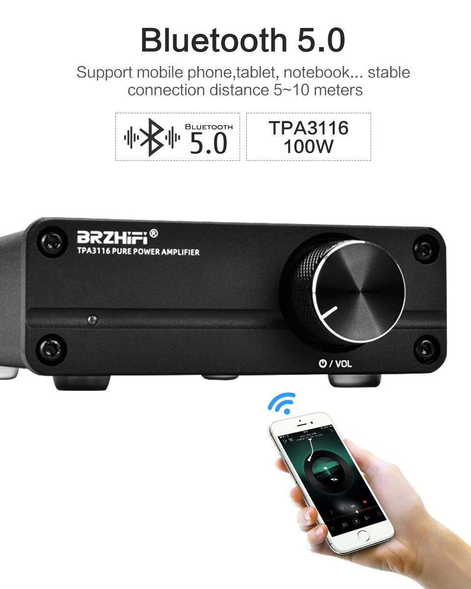 BRZHIFI мини TPA3116 Цифровой Bluetooth 5,0 усилители HiFi 100 Вт высокой мощности 2,0 канальный стерео усилитель для домашнего кинотеатра DIY