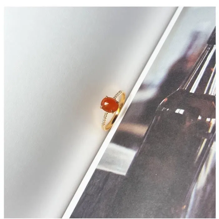 

Ice-like Chalcedony Red Egg Face Inlaid S925 Sterling Silver Rose Gold Ring Women's Sterling Silver Open Ring