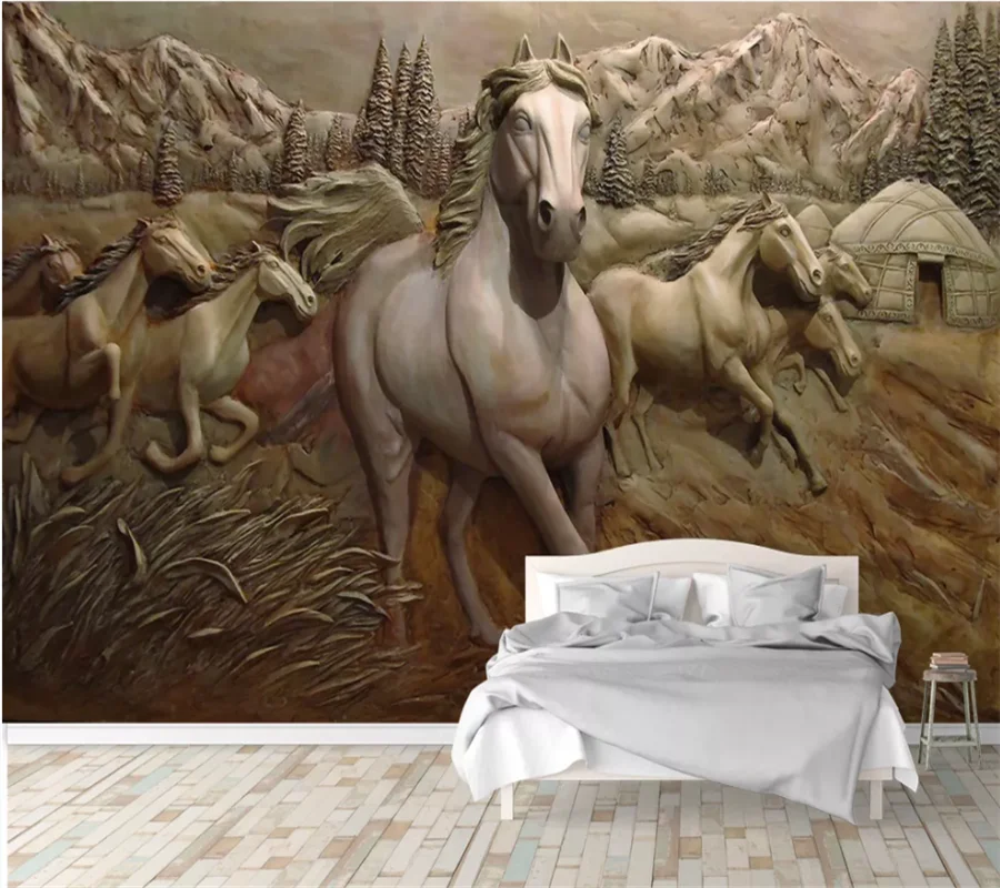 

Custom wallpaper covered 3D relief embossed horse to success eight horses background wall painting papel de parede 3d