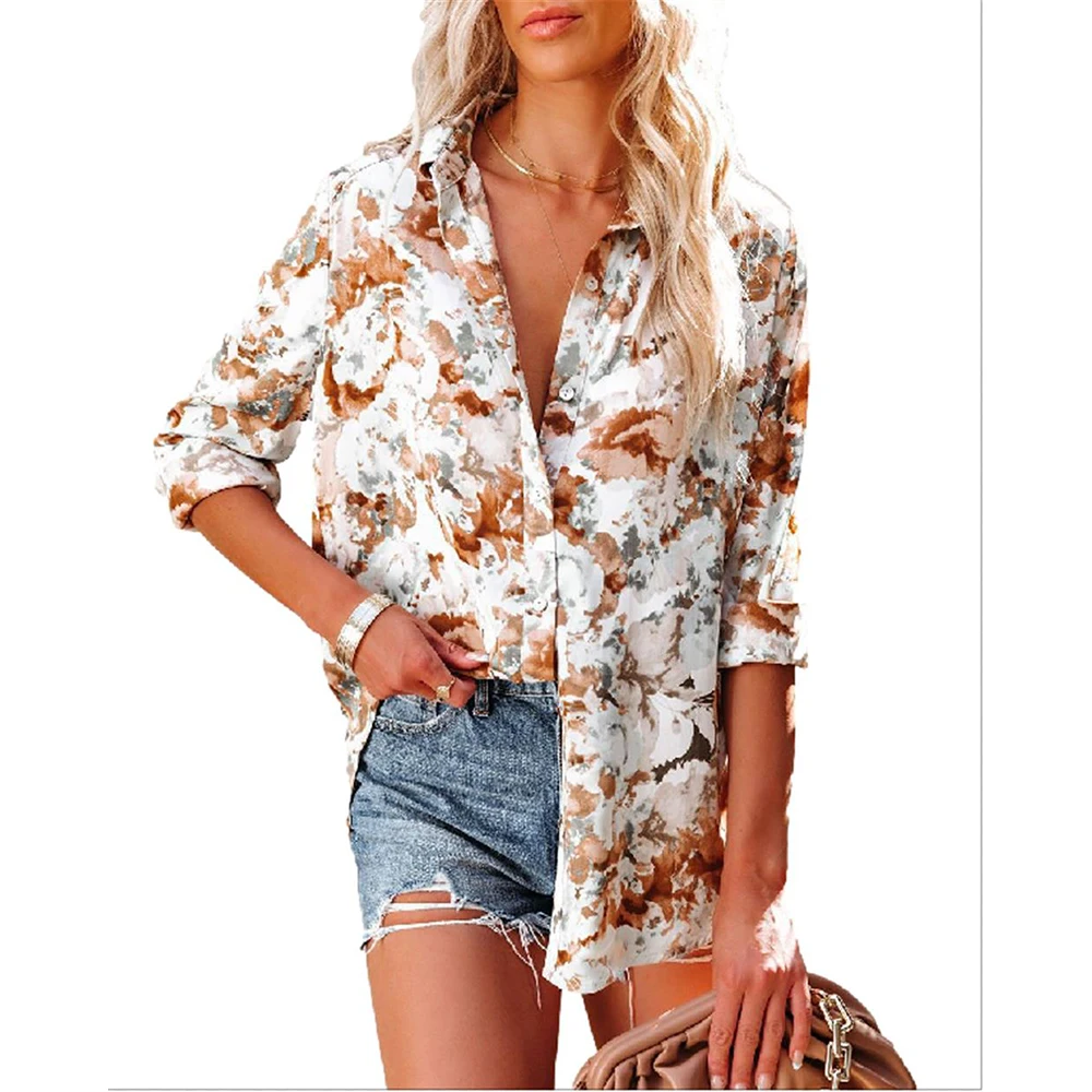 

Шифоновая Блузка Henley с цветочным принтом, осенний кардиган с отворотом, женская рубашка с длинным рукавом, топы, женские свободные повседне...