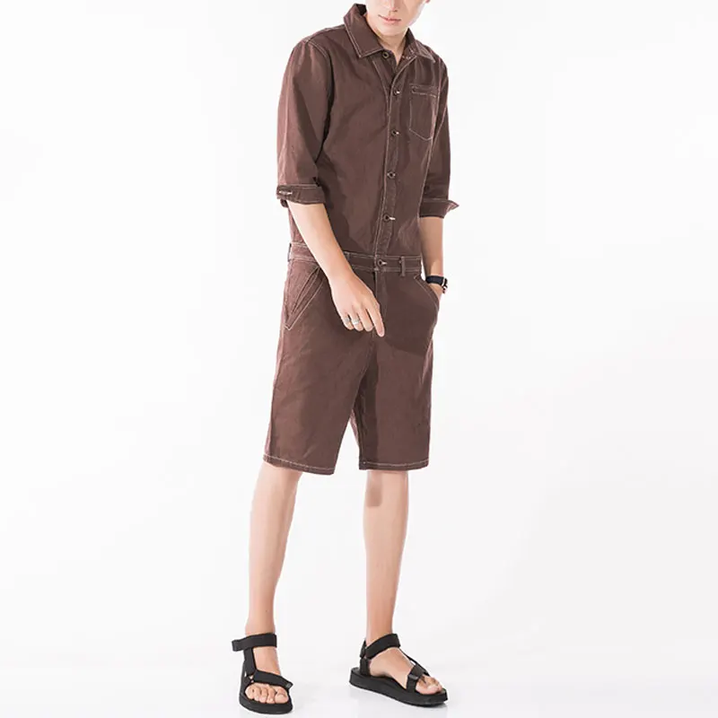 Summer Fashion Man Jeans Shorts Bib Overalls Streetwear Lapel Letter Denim Jumpsuits Trousers Leisure Brown Blue Freight Pants | Мужская