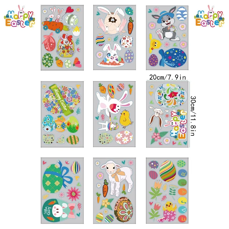 

9Pcs Happy Easter Stickers Easter Eggs Bunny Carrot Wall Stickers For Home Kids Room Electrostatic Window Decals Party Supplies