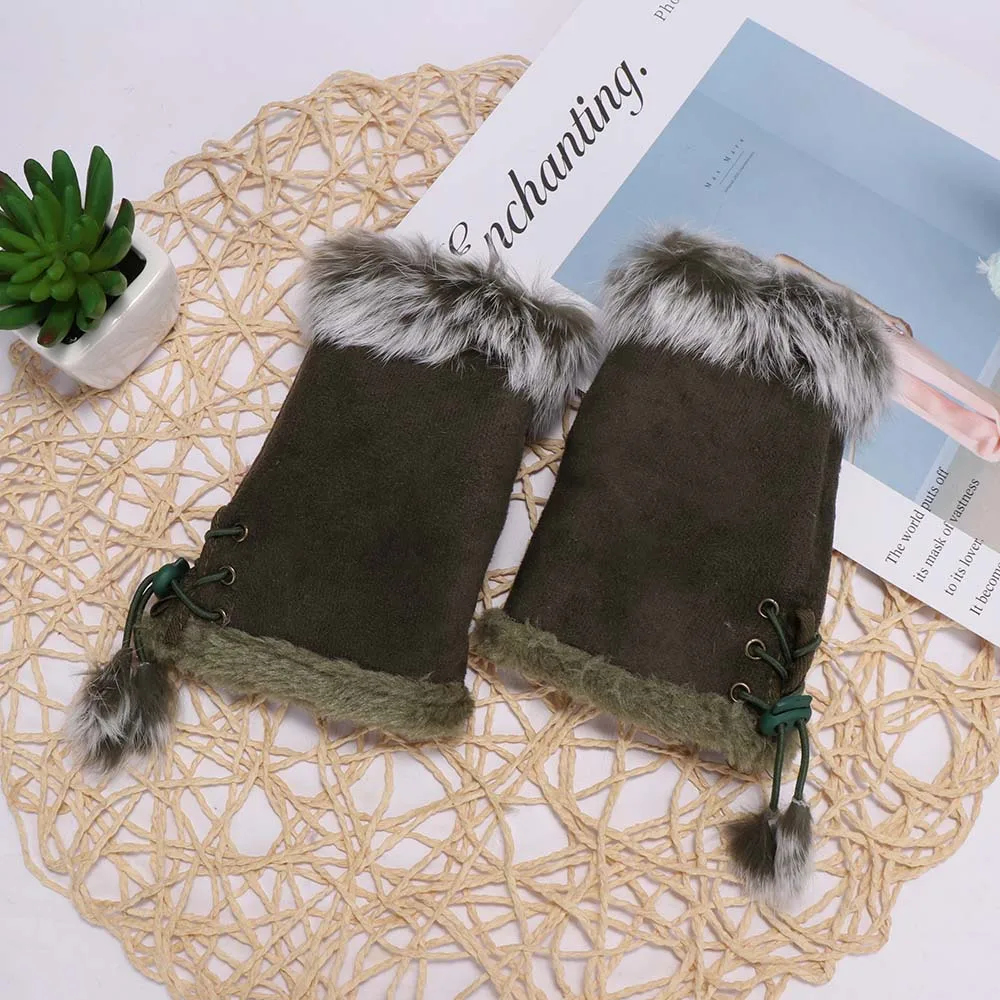 Меховые кожаные перчатки без пальцев на запястье женские подарок кролика Новые