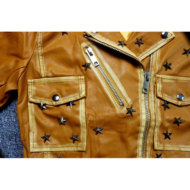 

Kurtka Skorzana Damska With belt For Spring 2021 Streetwear Casual Short Beaded Stars Faux Leather Coat Slim Moto Biker Jacket