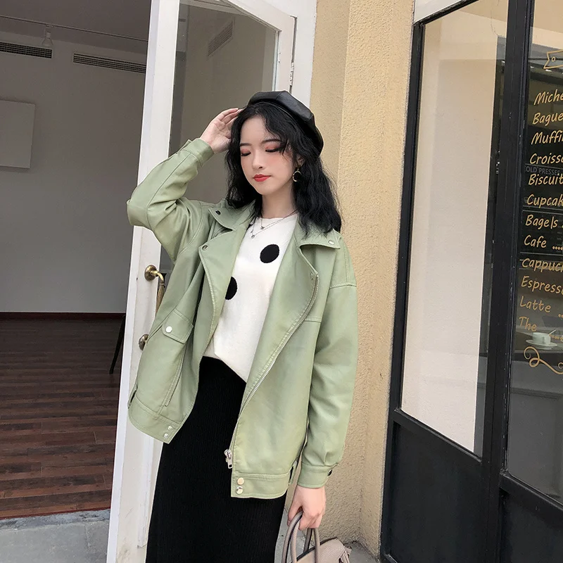 

NEW New Women Spring Loose Faux Leather Jacket Casual Female Green Pu Leather Jackets Outwear Motocycle Zipper Ladies Coat