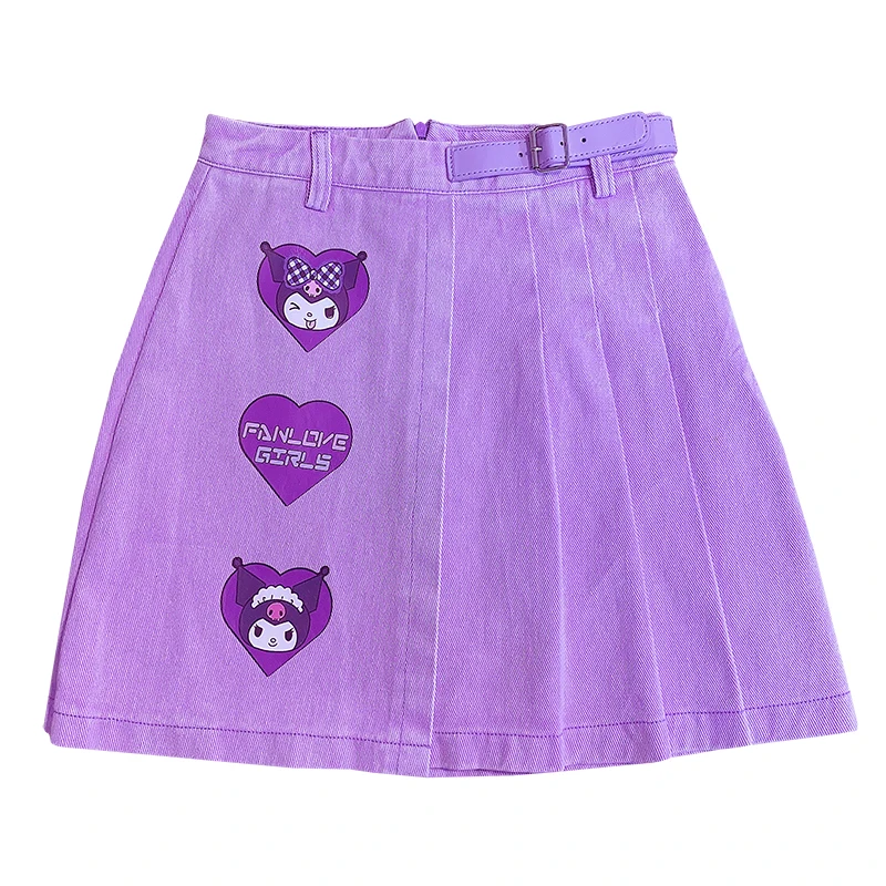 

Harajuku cool love cartoon buckle purple high waist a-word pleated denim skirt skirts