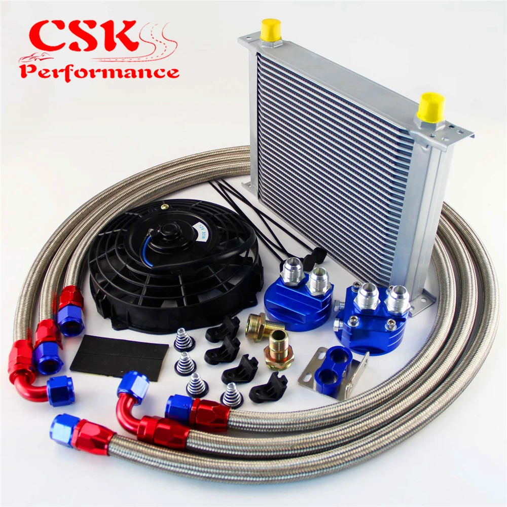 

30 Row 10AN Universal engine Transmission Oil Cooler kit + 7" Electric Fan Kit