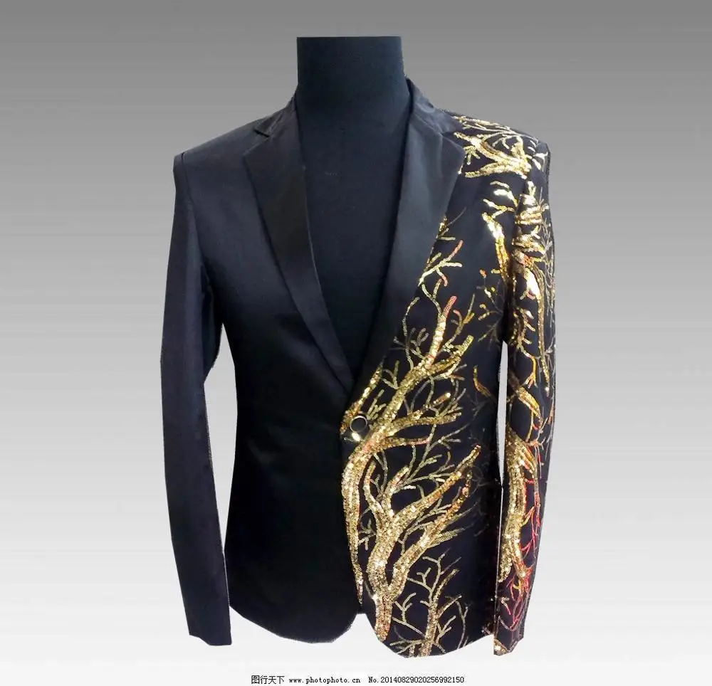 Male Lrregularity Sequins Pattern Single Button Slim Fit Blazer Jackets Personalized Men's Black Nightclub Host Casual Suits