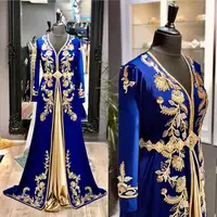 Royal Blue Moroccan kaftan Evening Dresses Long Sleeve Gold Beaded Crystal Floor Length Satin Muslim Prom Dress 2021 Arabic Spec