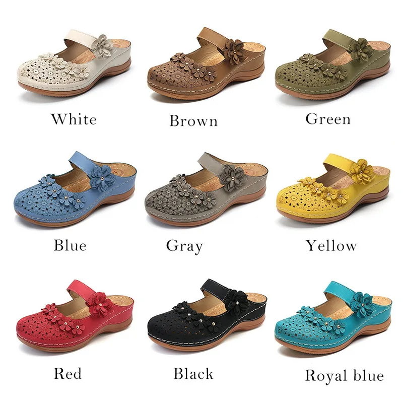 Women Flat Sandals Hollow Out Retro Flower Round Toe Ladies Wedges Shoes Soft Female Buckle Slippers Size 34-46 | Обувь