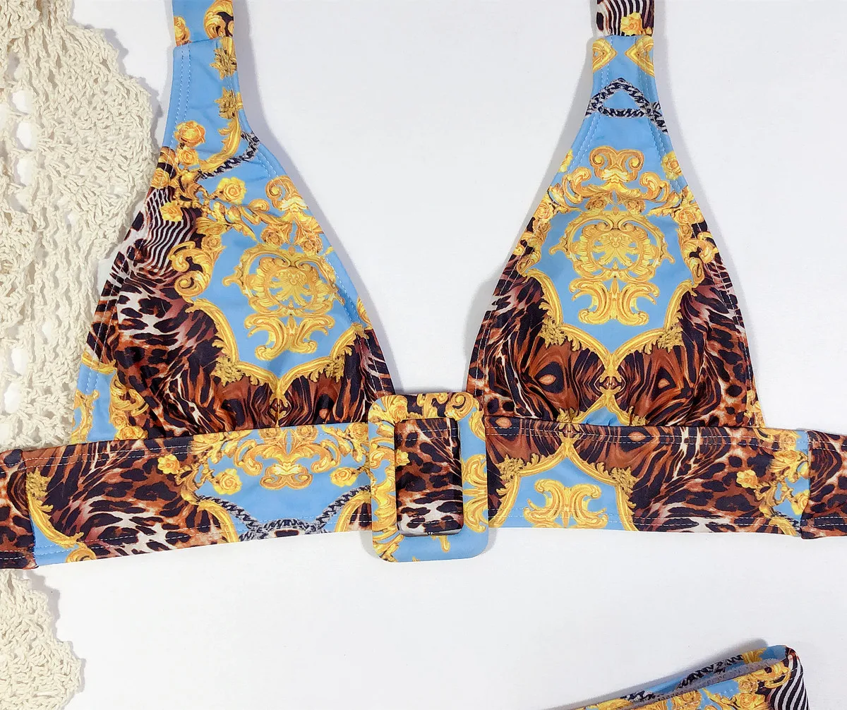 

Bathing Suit Women Brazilian Bikini High Waist Print Halter Bikini Split Swimwear Plus Size Wire Free Print Floral Leopard