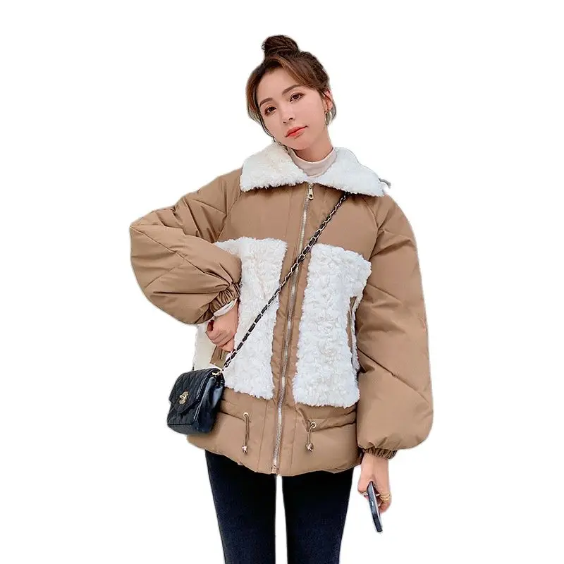 Women Clothes 2022 Fashion Lamb Hair Stitching Women's Winter Jacket New Korean Version Loose Student Female Jacket TYJTJY