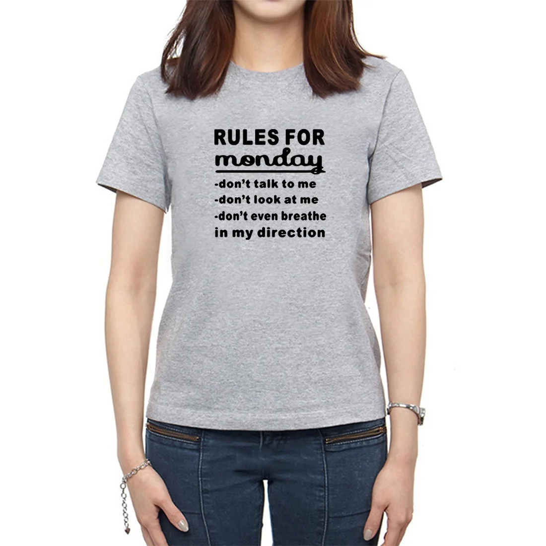

Rules for Monday Funny T Shirts Women Printed Short Sleeve Cotton Tee Shirt Femme Black White O-neck Loose Tshirt Women Top