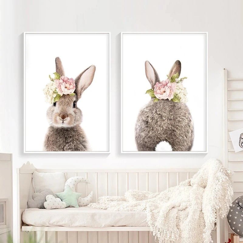 Северных оленей головой животного кролик Холст плакат для детской настенная