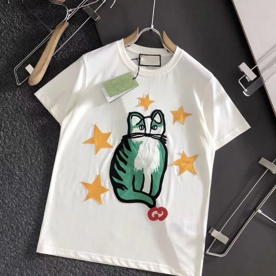 

Новинка 2021, дизайнерская брендовая летняя одежда со звездами и кошками, футболка с коротким рукавом, топ унисекс с вышивкой и узором, высоко...