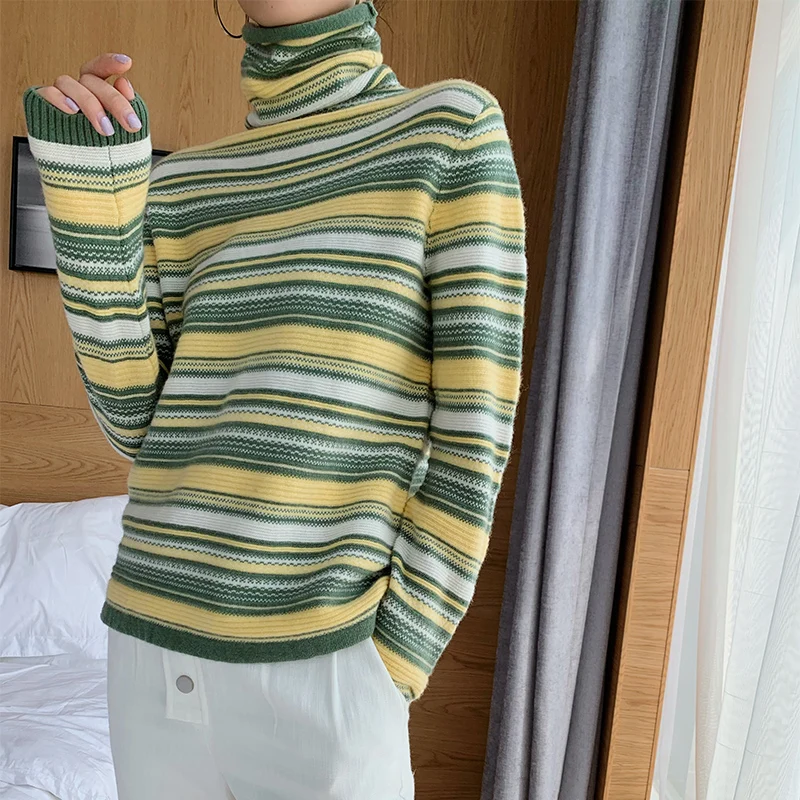ATTYYWS New high collar ladies100% cashmere sweater long sleeve striped knit pullover soft warm fashion trend winter | Женская одежда