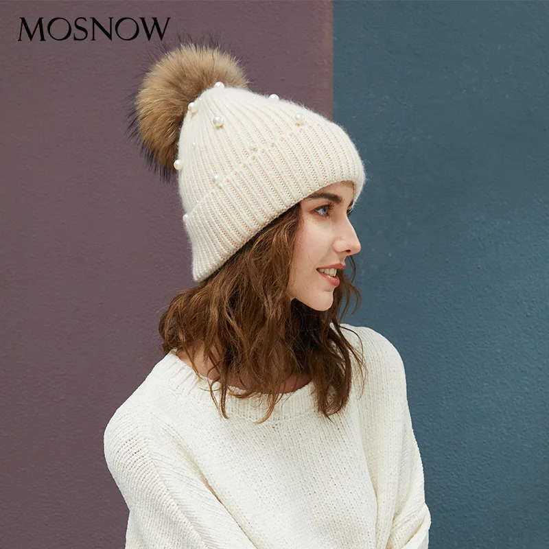 Зимняя женская шапка модные женские шапки с жемчужным меховым помпоном высшего