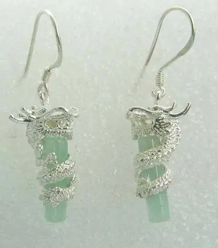 

White Gold Plated Dragon Coil Natural Light Green Jade Pendant Hook Earrings
